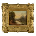 English School, 18th Century River scene with fishermen oil on panel, in an ornate gilt frame 23 x