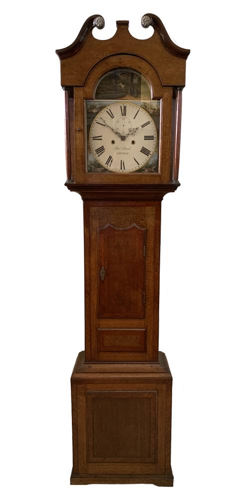 Thos. Beale, Oundle, a 19th century oak and mahogany longcase clock, with a painted arched dial