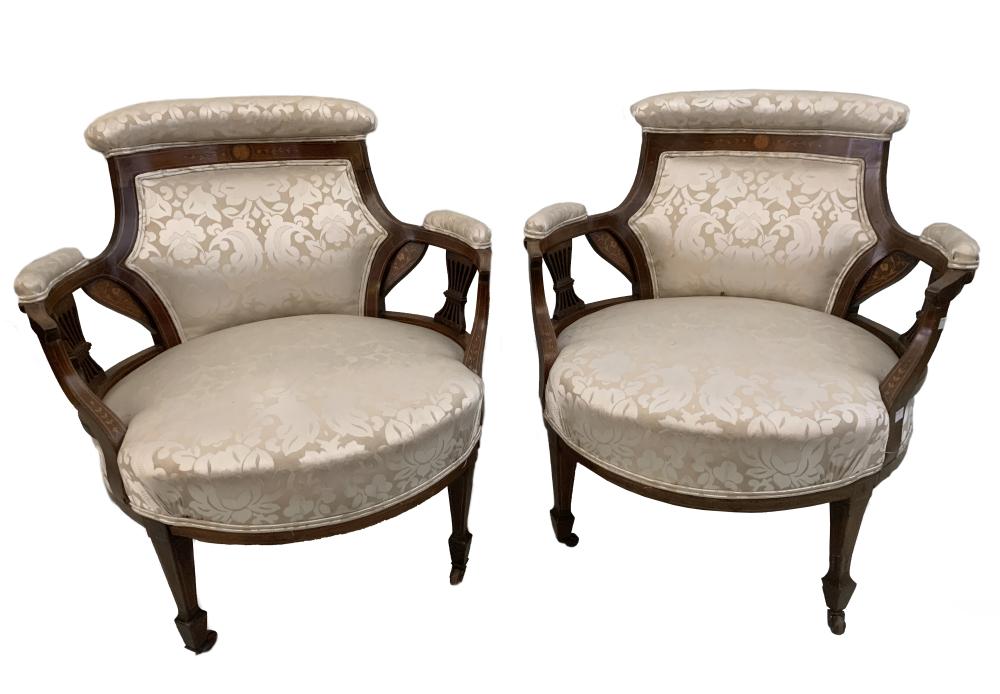 A pair of late Victorian mahogany and inlaid tub chairs, 73 x 68cm (29 x 27in) (2)