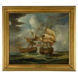 T Wigmore (British, 19th Century) HMS Lion engaging a French Man-of-War signed lower left "T