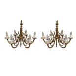 A pair of cast brass six branch chandeliers, fitted for electricity, 60cm (24in) high each (2)