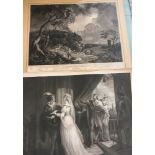 A folder of prints and engravings, 18th and 19th century, including mezzotint portraits after old