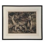 Sir Frank Brangwyn, RA, Rustic figure with pigs amongst trees, etching, signed, 31.5 x 40cm; John