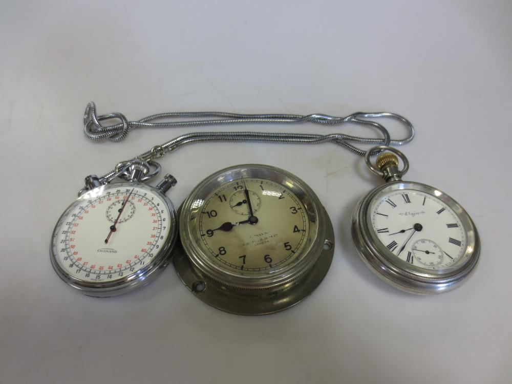 A smiths car clock, a stopwatch and an open faced pocket watch by Elgin