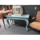 A painted neo-classical revival demi-lune table and a painted Victorian table on carved legs (2)