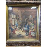 Dutch School, 19th Century, Interior scene with a woman spinning and children playing,