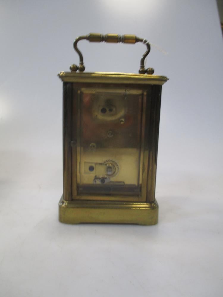 A gilt brass carriage timepiece with white enamel dial and Roman numerals (cased); another miniature - Image 5 of 5