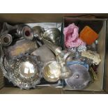 Silver bonbon dish, silver compact, small pair of candlesticks, another pair, EPNS belt etc