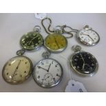 A collection of six military pocket watches