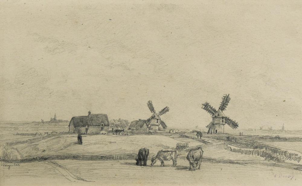 Manner of Eugène Boudin (French, 1824-1898), Landscape with windmills, inscribed lower right "E