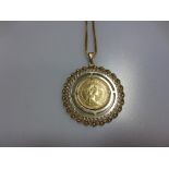 A 1982 half sovereign in a 9ct gold pendant mount with a 9ct gold box chain, 13.5g gross