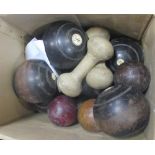 Four croquet mallets & balls together with a selection of bowling woods, and Dean & Sons labelled