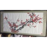 A Japanese watercolour painting of prunus blossom, 66 x 135cm