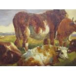After Thomas Sidney Cooper, 'Cows', oil on panel A/F, 19 x 28cm