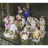 Eleven Derby porcelain figures, comprising a pair of Stevenson & Hancock 'Welsh Tailor and his wife'