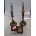 Pair of 19th century French gilt metal candlesticks, bases drilled for electricty, 28cm high; and