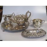 A silver salver, a silver two handled cup and a continental silver dish 41ozt gross, together with a