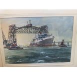 Michael Roffe (British, b. 1948) 'S S Uruguay Passing Under the Bayonne Bridge in 1947', signed