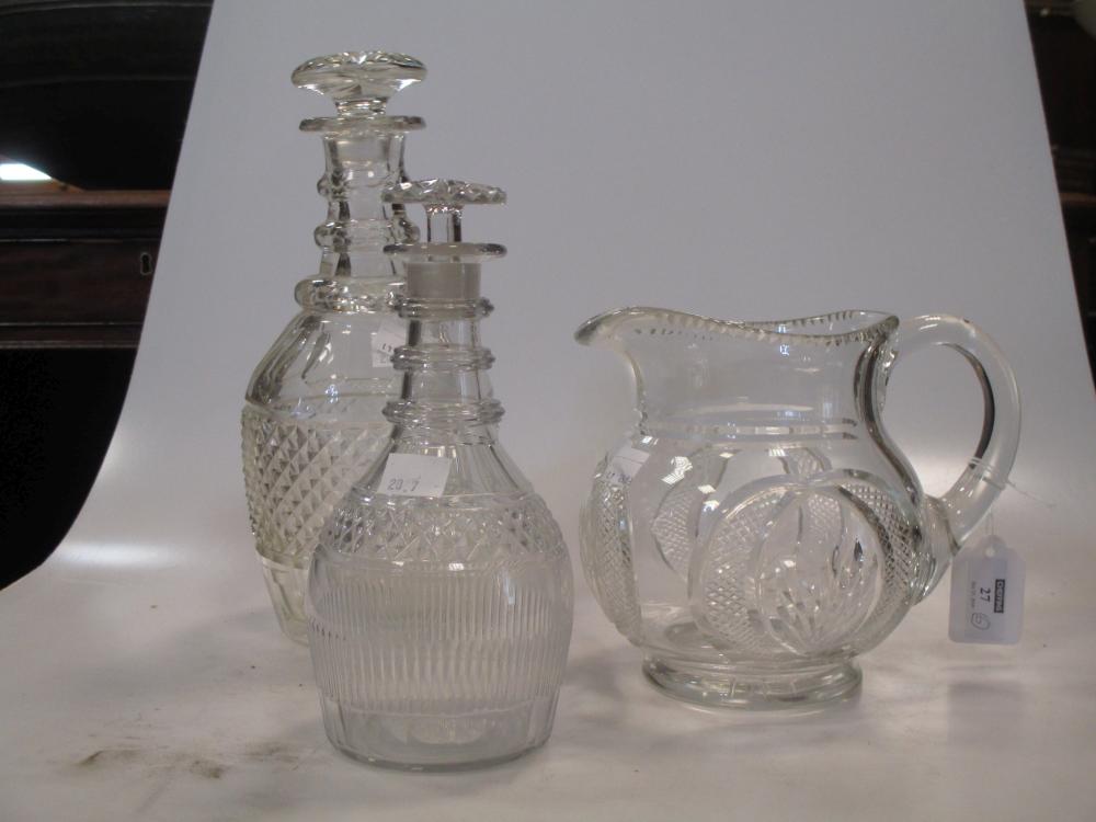 A pair of 19th century cut class decanters, of baluster form, the stoppers of segmented stoppers - Image 2 of 3