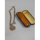 A short watch chain marked '9ct' supporting a 9ct gold masonic pendant, 10g gross, together with a