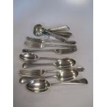 Four pairs of silver spoons and forks 22.3ozt together with six continental spoons with filled