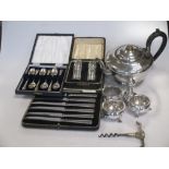 3 silver tub salts with matching pepperette together with a cased pair of pepperettes, a cased set