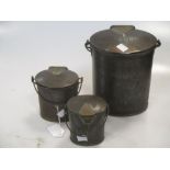 Three old brass mounted tin milk cans, named (3)