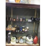 A large group of Japanese studio pottery, various other pottery, and a set of art glass shot glasses