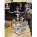 A collection of plated wares including a candleabra