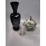 Two early 19th century glass rummers, a black ceramic vase with floral decoration and a