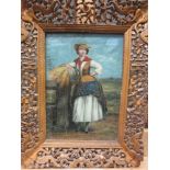 English School, 19th Century, a harvest maiden, oil on canvas, in a Chinese carved frame, 29 x 20cm