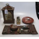 A Frodsham 20th century mantel clock; two vintage tape measures; a mantel clock; champagne tap; a