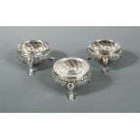 Three (probably) George II silver tub salts, hallmarks rather rubbed but at least one by David