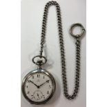 Omega - An open faced pocket watch with accompanying 'Albert' chain, the signed white dial, 42mm