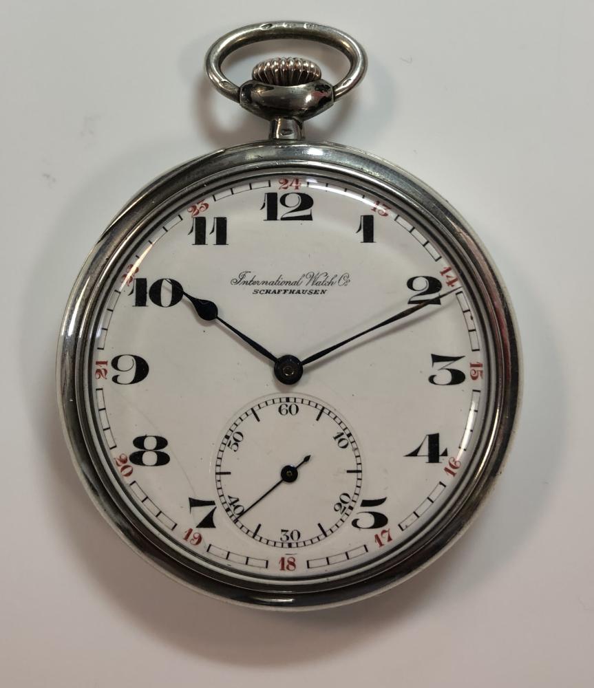 IWC - A continental silver open faced pocket watch, the signed white dial, 45mm diameter, with black