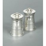 A pair of 20th century silver pepper mills, by JA Campbell, London 1988, milk churn design with