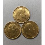 Three gold sovereigns, the first, a Victoria 'young head' (St George reverse) 1876, the second,