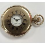 JW Benson - A 9ct gold half hunter pocket watch, circa 1933, the front lid with blue enamel Roman