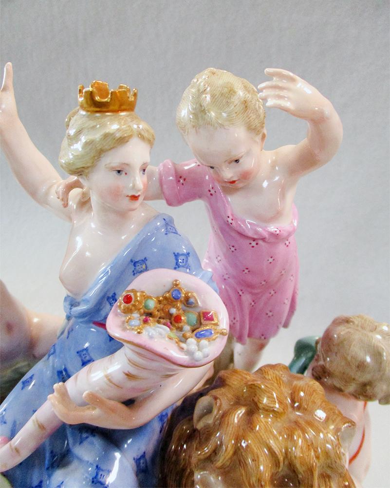 A Meissen allegorical figure group of 'Earth', 19th century, the lady seated on a lion's back, - Image 2 of 11