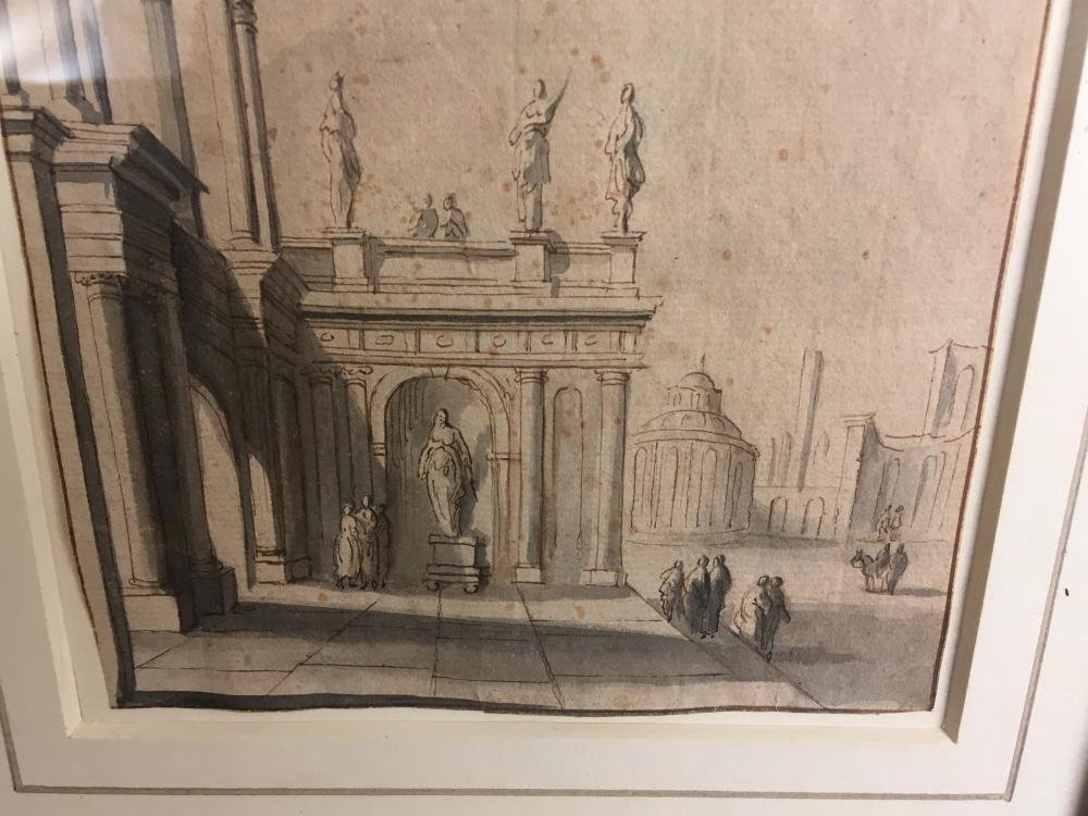 Follower of Dirck van Delen (Dutch, 1605-1671) Figures amidst classical architecture, pen, ink and - Image 10 of 11