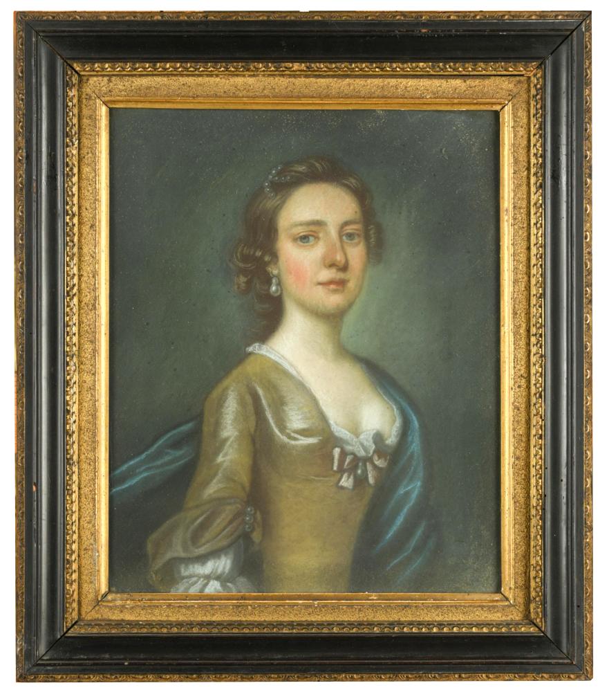 English School, 18th Century Portrait of a lady in a gold dress and blue cloak; Portrait of a lady