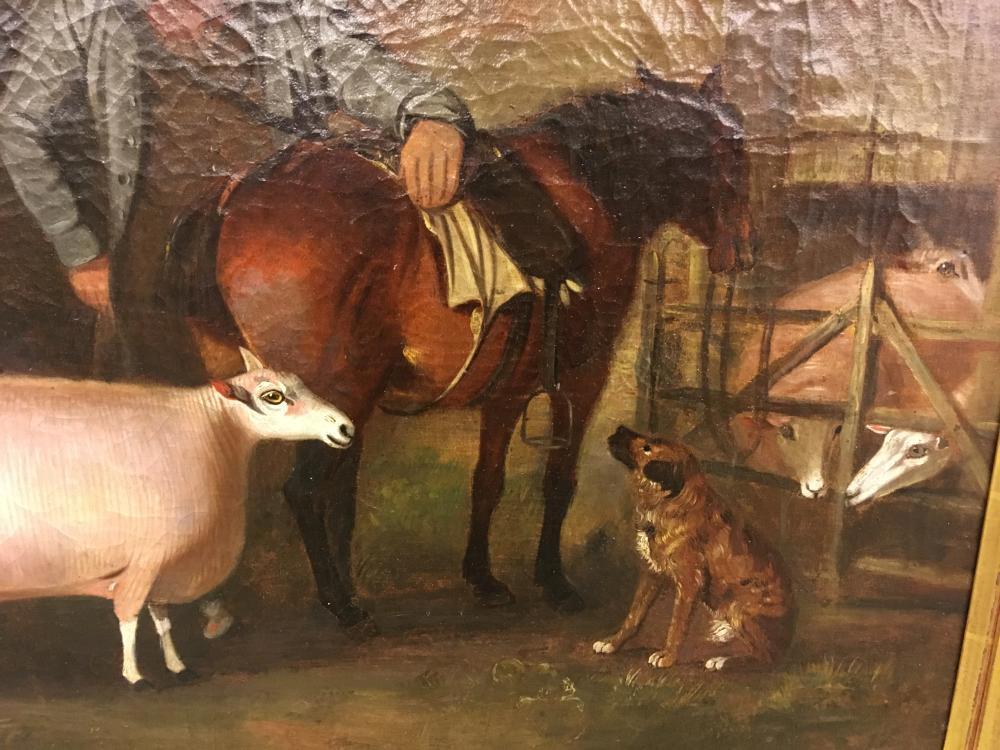 English School, 19th Century A Farmer with a prize ram, a bay pony and a sheep dog before a pen of - Image 3 of 10