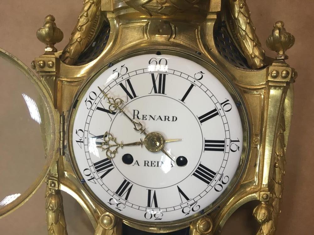 A French ormolu wall clock, 19th century, the 17cm convex white dial marked 'Renard a Rheims', - Image 4 of 10