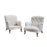 A pair of late 19th century 'Bridgwater' pattern Howard armchairs, one with buttoned fabric, the