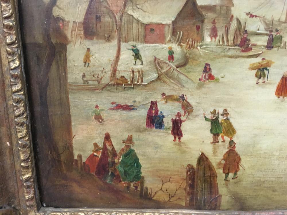 Manner of Hendrick Avercamp (Dutch, 1585-1634) Frozen river scene with figures skating oil on - Image 5 of 10