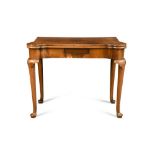 A mid 18th century mahogany card table, with folding top and baize lined interior, a drawer to the