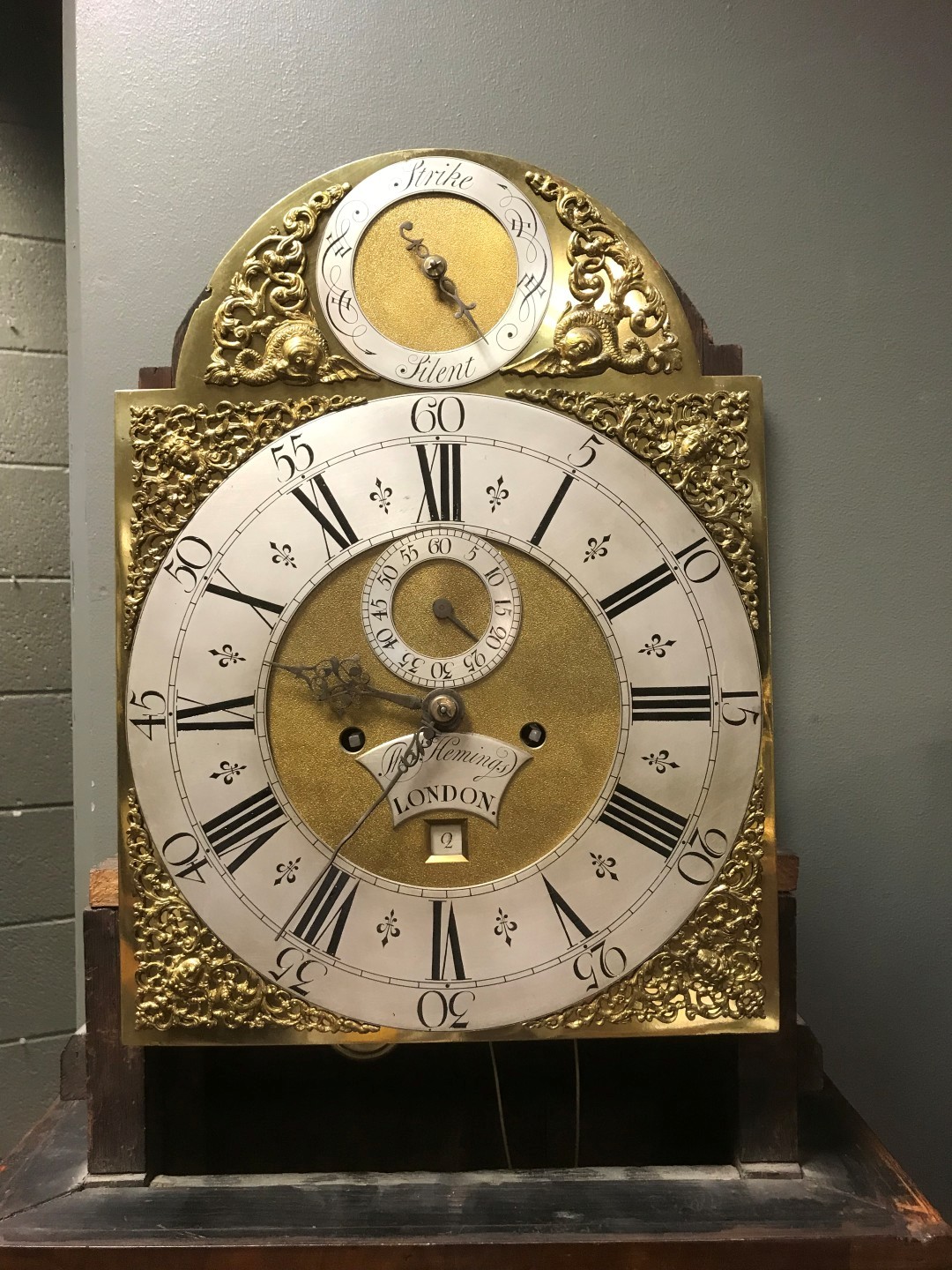 A George III walnut longcase clock circa 1760, the break arch hood with three ball finials, - Image 2 of 5