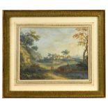 German School, 18th Century Landscape views with figures on a path one inscribed in German to the