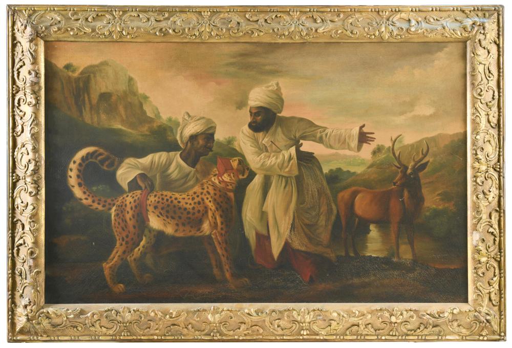 After George Stubbs (British, 1724-1806) A Cheetah and a Stag with two Indian servants oil on canvas