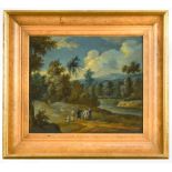 Anglo-Flemish School, circa 1700 A Wooded river landscape with figures on a pathway in the